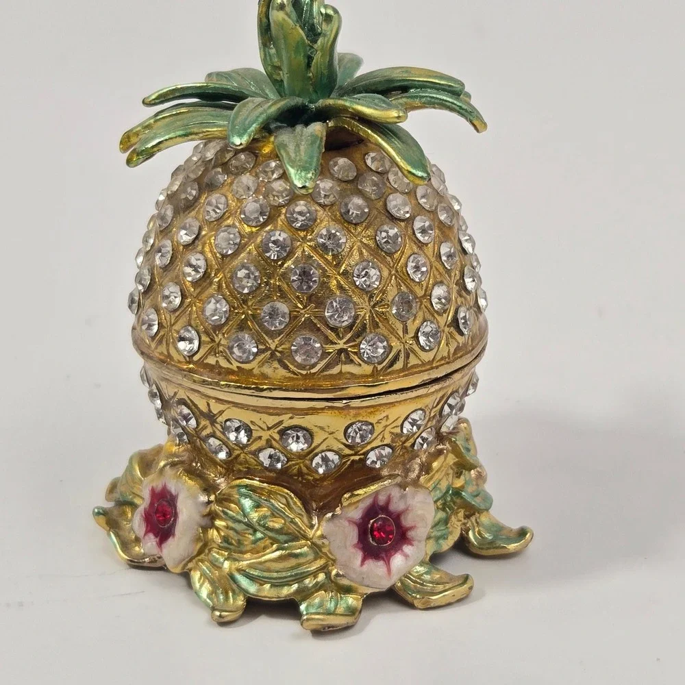 Vintage Gold Tone Rhinestone Pineapple Trinket Box Enameled Hinged Jewelry Case